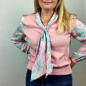 Vintage 80s Pink Tie Neck Sweater Blouse Scarf